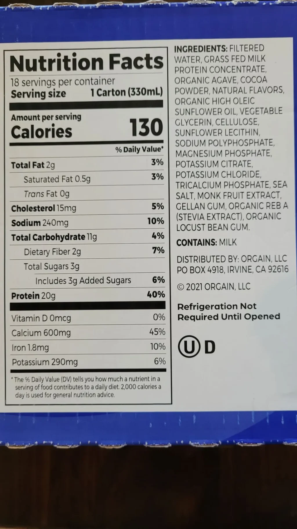 Orgain's nutrition label and ingredients list